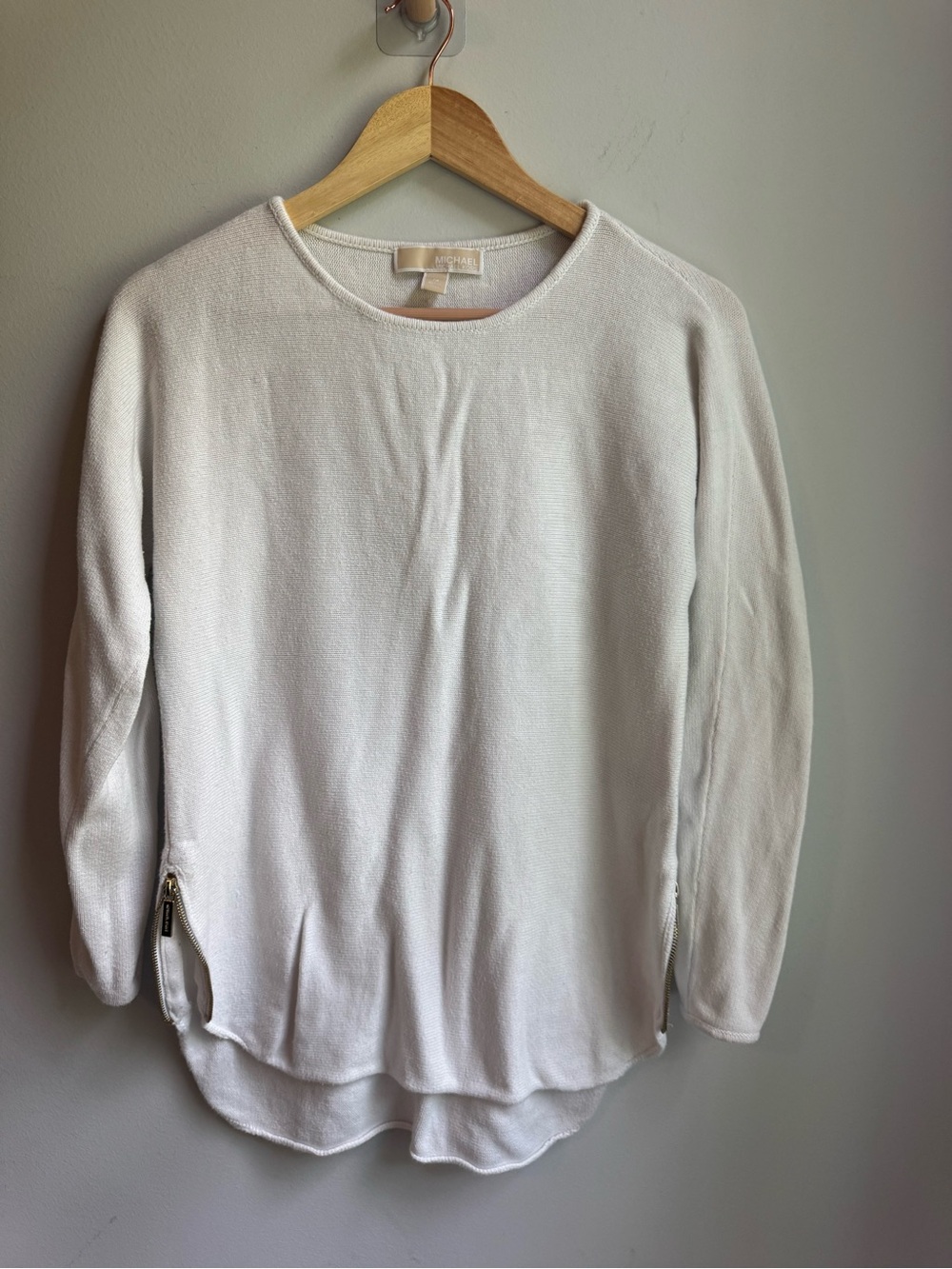 Michael Kors Cream Crewneck Sweater with Side Zips Gold